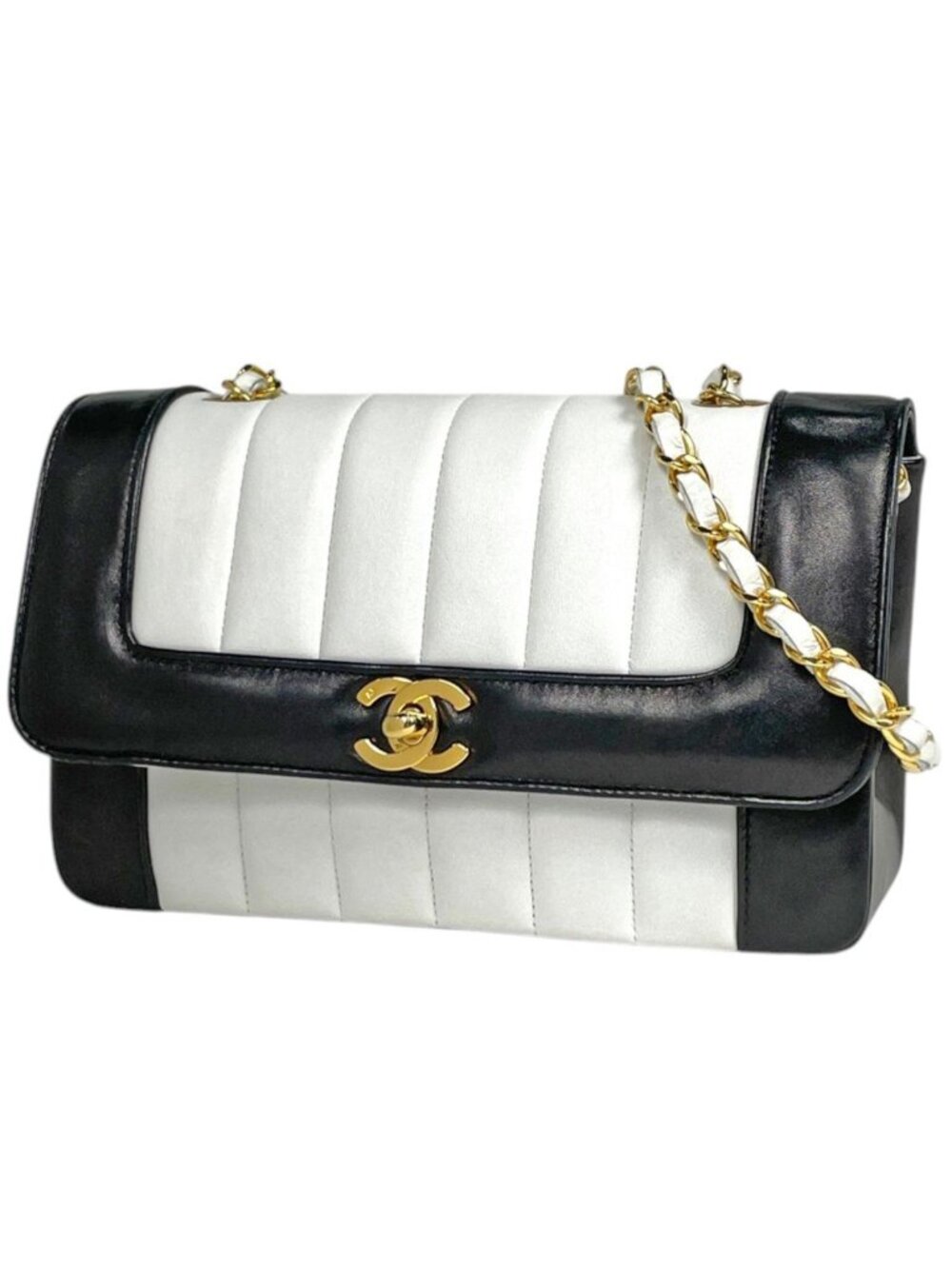 Chanel Shoulder Bag CC Logo Mademoiselle Bicolor Leather White Black